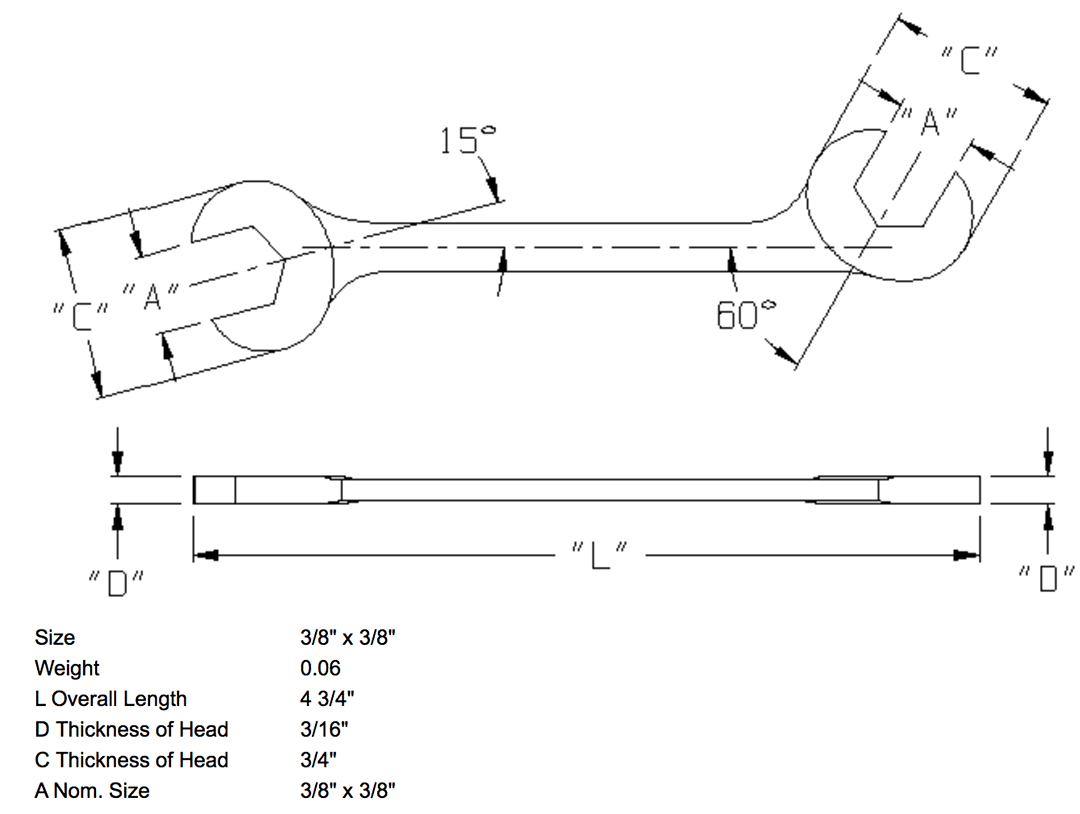 Wright 3/8" x 3/8" Open End Wrench Double Angle 15 & 60 Degree (1362WR)